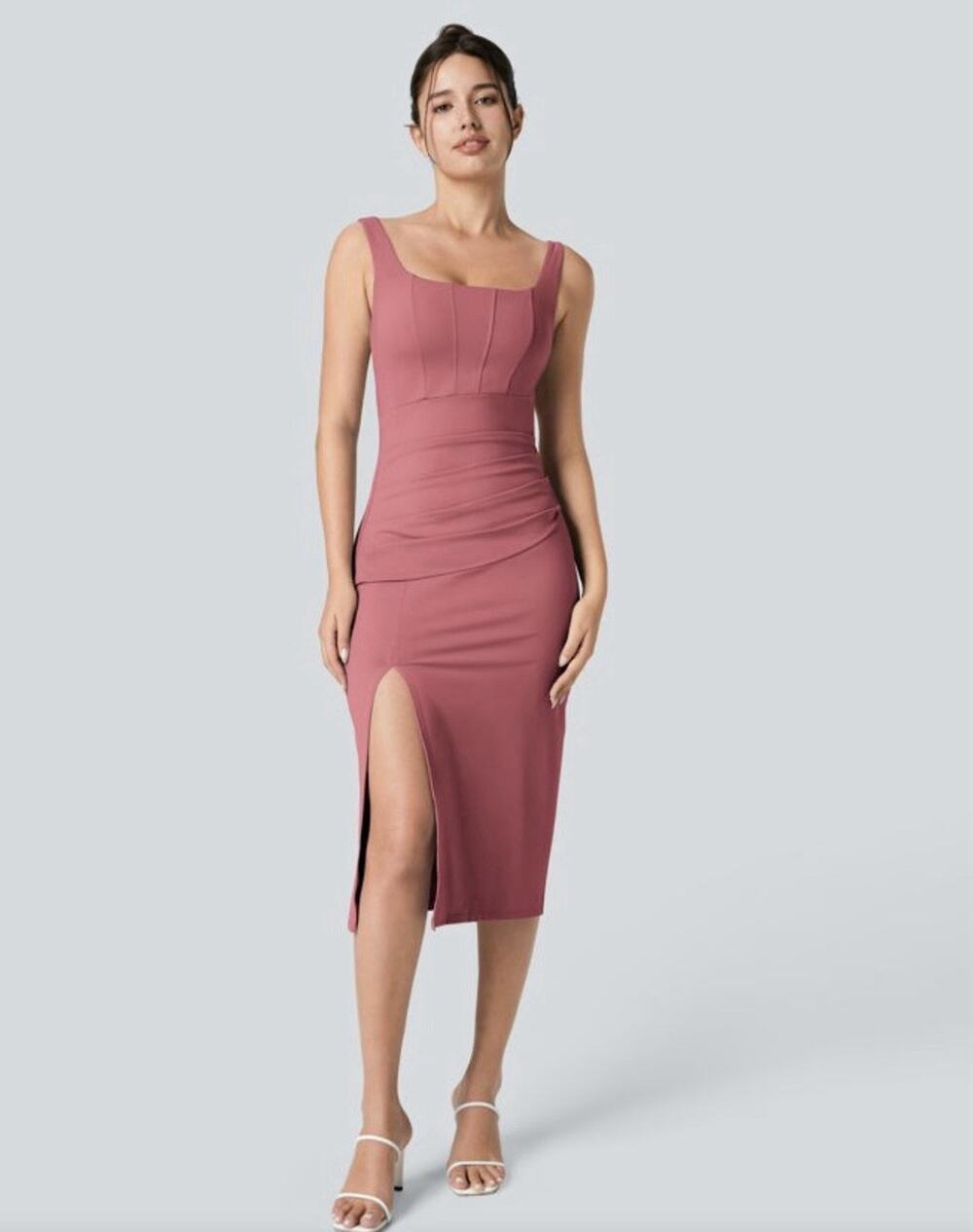HALARA Begonia Rouge SoftlyZero Airy Corset Ruched Bodycon Midi Dress Sz M NWT